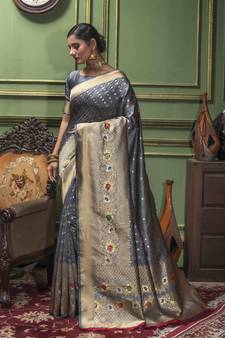 Grey Woven Art Silk Saree With Blouse