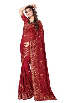 Red embroidered georgette saree with blouse