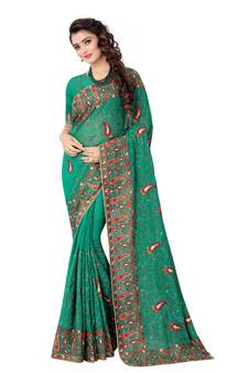 Green embroidered georgette saree with blouse