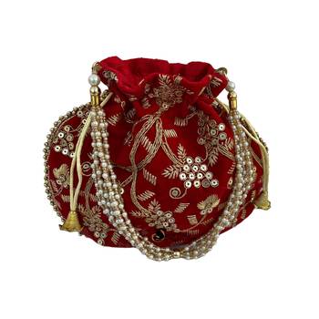 Shoptory India Embroidered Velvet Potli Bags for Women, Gift for wedding, Red 1