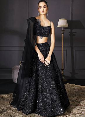 Black work velvet semi stitched lehenga 1