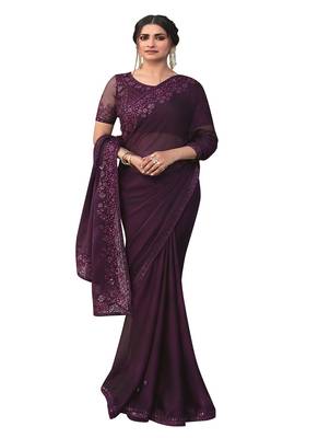 Wine embroidered chiffon saree with blouse 1