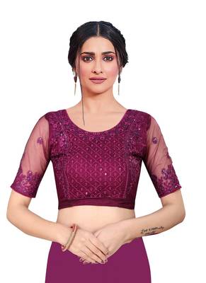 Wine embroidered chiffon saree with blouse 3