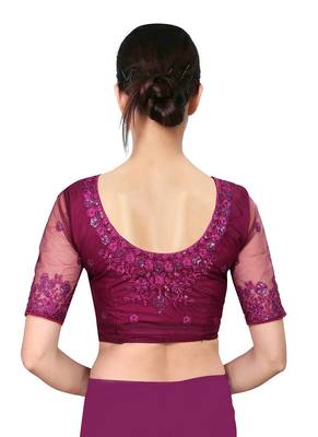 Wine embroidered chiffon saree with blouse 4