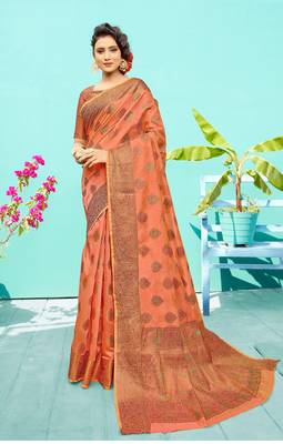 Peach woven cotton silk saree with blouse 1