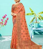 Peach woven cotton silk saree with blouse