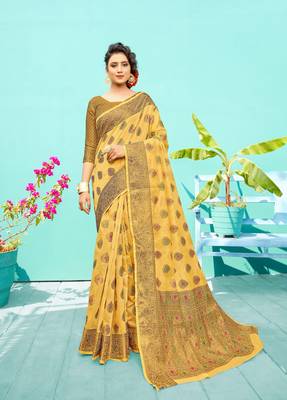 Yellow woven cotton silk saree with blouse 1