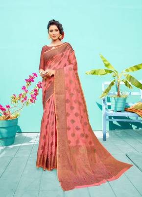 Light pink woven cotton silk saree with blouse 1