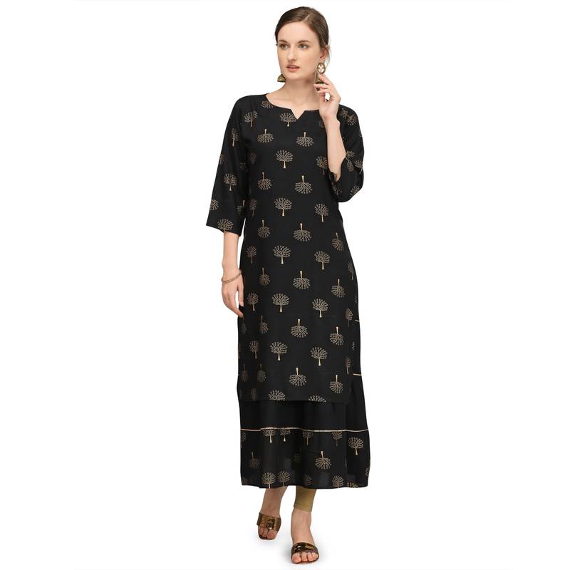 Women's Black Rayon Printed Readymade Kurti