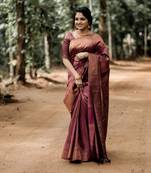 Maroon woven silk blend saree with blouse