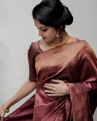 Maroon woven silk blend saree with blouse 3