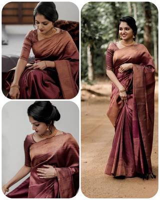 Maroon woven silk blend saree with blouse 5