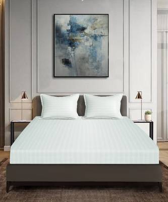 Striped Cotton Satin King Size Bedsheet with Two Pillow Cover 100% Primium Cotton (Color : White, Size : 100"X108") 2