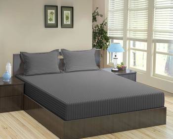 Pure Cotton Satin Striped King Size Double Bedsheet With 300 TC, Grey Color With 2 Pillow Cover (100 X 108 Inch) 2