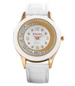 Elaine Collection Women'S Diamond Studded White Leather Watch