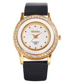 Elaine Collection Women'S Diamond Studded Black Leather Watch