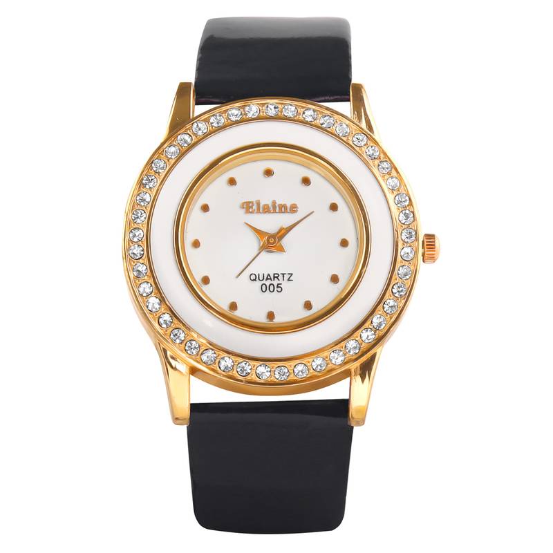 Elaine Collection Women'S Diamond Studded Black Leather Watch