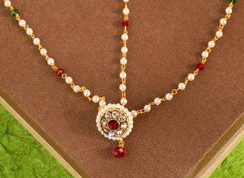 Brass Antiqu Gold Plated, White Green Red Pearl, Red Stone & Diamond Maangtikka For Womans & Girls 1