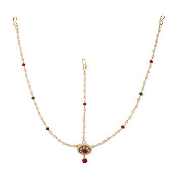 Brass Antiqu Gold Plated, White Green Red Pearl, Red Stone & Diamond Maangtikka For Womans & Girls 3