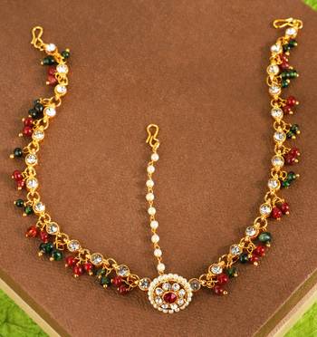 Brass Antique Gold Plating, White Green Red Pearl Red Stone & Diamond Maangtikka For Womans & Girls 1