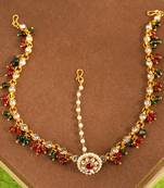Brass Antique Gold Plating, White Green Red Pearl Red Stone & Diamond Maangtikka For Womans & Girls