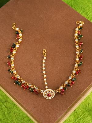 Brass Antique Gold Plating, White Green Red Pearl Red Stone & Diamond Maangtikka For Womans & Girls 2