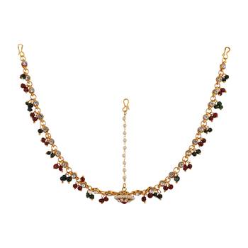 Brass Antique Gold Plating, White Green Red Pearl Red Stone & Diamond Maangtikka For Womans & Girls 4