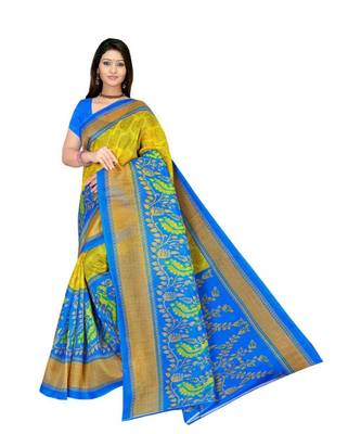 yellow printed bhagalpuri cotton   saree   with blouse 1