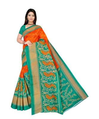 ORANGE printed bhagalpuri cotton   saree   with blouse 1