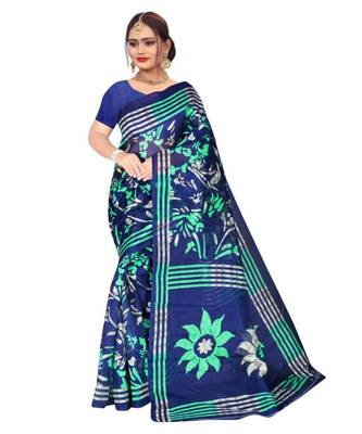 BLUE printed bhagalpuri cotton   saree   with blouse 1