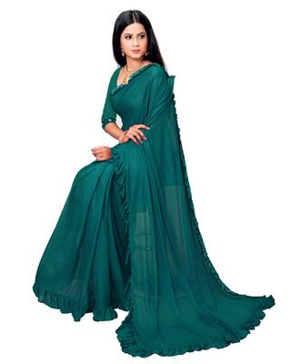Green plain lycra saree with blouse 2