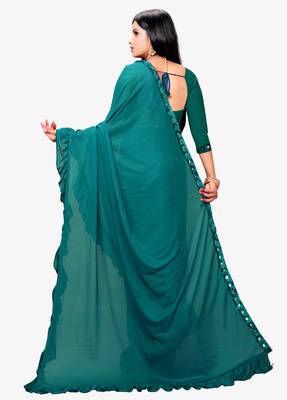 Green plain lycra saree with blouse 3