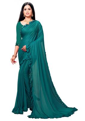 Green plain lycra saree with blouse 5