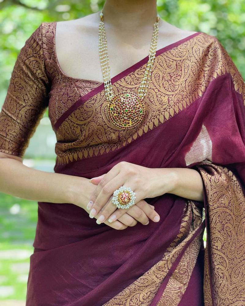 Wine Kanjivaram Soft Litchi Silk Saree With Blouse Piece