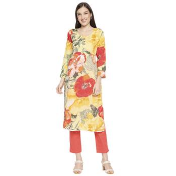 Women's Yellow Cotton straight cut readymade Kurta Set with pant 1