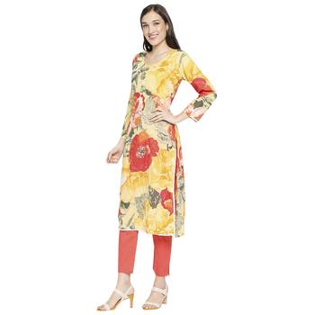 Women's Yellow Cotton straight cut readymade Kurta Set with pant 4
