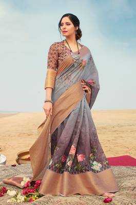 Mauve printed linen saree with blouse 1