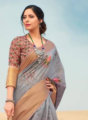Mauve printed linen saree with blouse 2