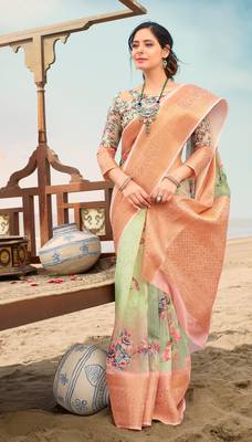 Green printed linen saree with blouse 1