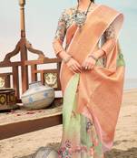 Green printed linen saree with blouse