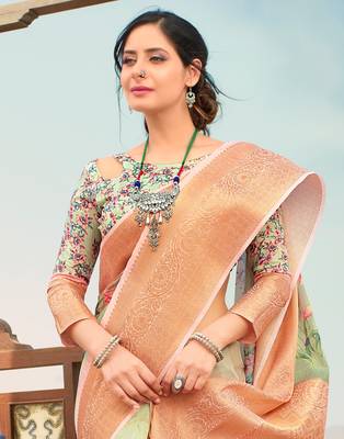 Green printed linen saree with blouse 2
