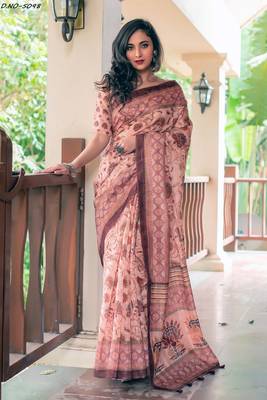 Peach woven linen saree with blouse 1