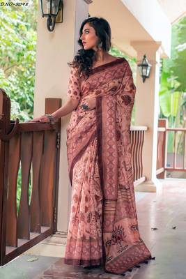 Peach woven linen saree with blouse 2