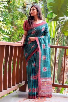 Turquoise woven linen saree with blouse 1