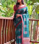 Turquoise woven linen saree with blouse