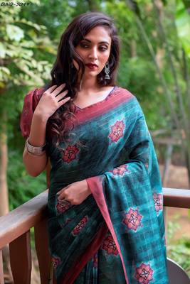 Turquoise woven linen saree with blouse 2