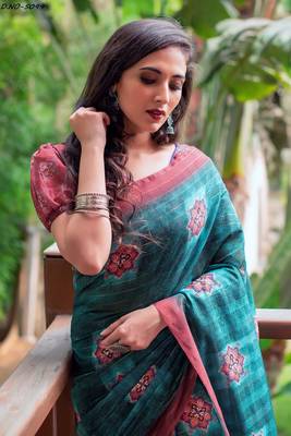 Turquoise woven linen saree with blouse 3