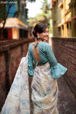Off white woven organza saree with blouse 5