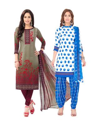 Pack of 2 Synthetic Printed Unstitched Dress Material Combo 1