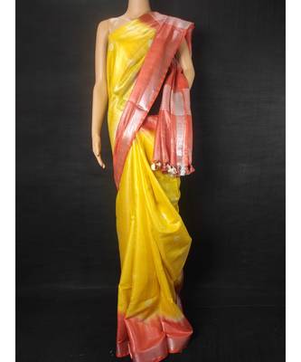 Yellow woven cotton handloom saree with blouse 1